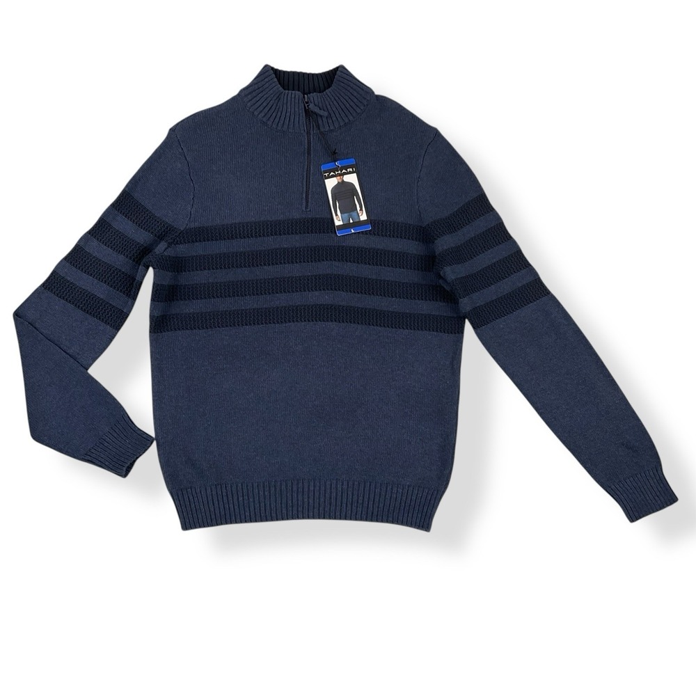 Tahari Sweater Mens Large Blue Long Sleeve 1/4 Zip Stripe Stretch Preppy NWT